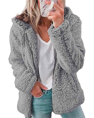 CheChury Fleecejacke Damen Winterjacke Damen Teddy Fleece Mantel Warm Gefüttert Winter Kapuzenpullover Flauschig Plüschjacke Sweatshirt mit Kapuze und Taschen Reißverschluss Winterjacke Oversize von CheChury