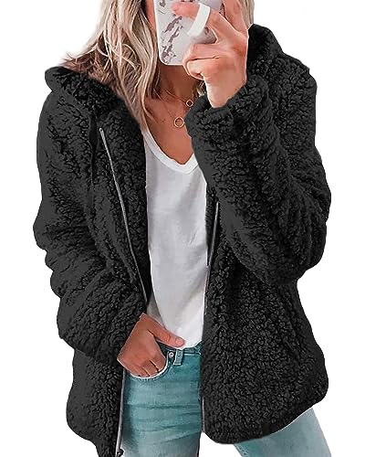 CheChury Fleecejacke Damen Winterjacke Damen Teddy Fleece Mantel Warm Gefüttert Winter Kapuzenpullover Flauschig Plüschjacke Sweatshirt mit Kapuze und Taschen Reißverschluss Winterjacke Oversize von CheChury