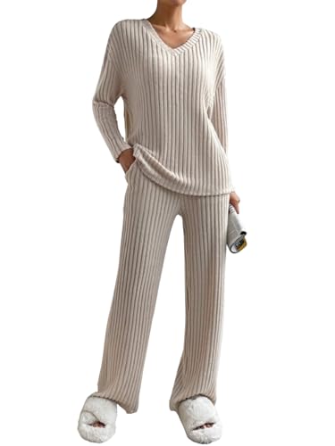 CheChury Freizeit Set Zweiteiler Damen Lange Loungewear Set Oversize Langarm Shirt Und High Waist Sporthose Sleepwear Hausanzug Sets Einfarbig Freizeithose Lounge Outfit Damen Set Lang,Beige,S von CheChury