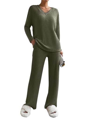 CheChury Freizeit Set Zweiteiler Damen Lange Loungewear Set Oversize Langarm Shirt Und High Waist Sporthose Sleepwear Hausanzug Sets Einfarbig Freizeithose Lounge Outfit Damen Set Lang,Grün,XXL von CheChury