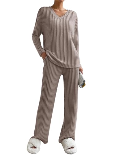 CheChury Freizeit Set Zweiteiler Damen Lange Loungewear Set Oversize Langarm Shirt Und High Waist Sporthose Sleepwear Hausanzug Sets Einfarbig Freizeithose Lounge Outfit Damen Set Lang,Khaki,S von CheChury