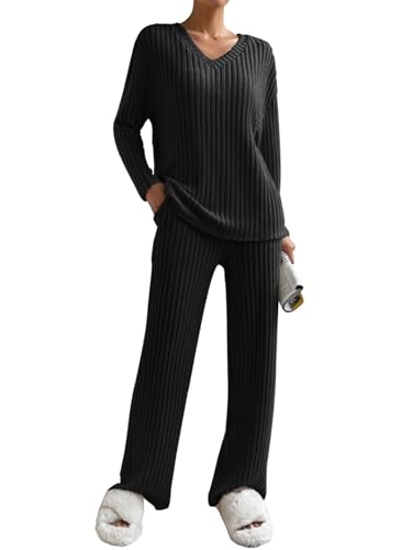 CheChury Freizeit Set Zweiteiler Damen Lange Loungewear Set Oversize Langarm Shirt Und High Waist Sporthose Sleepwear Hausanzug Sets Einfarbig Freizeithose Lounge Outfit Damen Set Lang,Schwarz,M von CheChury