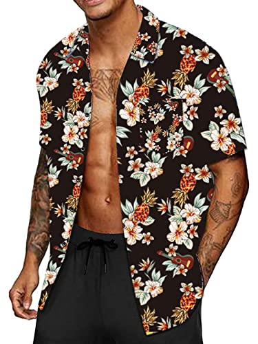 CheChury Funky Herren Hawaiihemd Freizeit Blumenmuster Hemd Kurzarm Urlaub Bedrucktes Blumenhemd Hawaii Hemd Fronttasche Kurzarmhemd Hawaii-Print Kurzarm Sommer Strand Freizeithemden Beach,Schwarz,L von CheChury