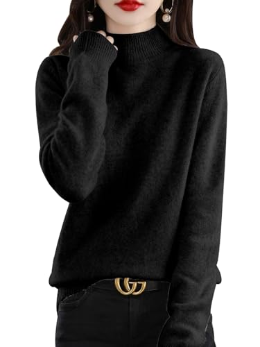 CheChury Herbst Pullover Damen Winter Lang Strickpullover Damen Rollkragenpullover Elegant Pullover Langarm Strickpulli Slim Fit Tops Grobstrick Casual Pullover Warm Grobstrickpullover,Schwarz,L von CheChury