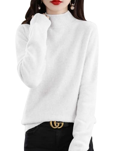 CheChury Herbst Pullover Damen Winter Lang Strickpullover Damen Rollkragenpullover Feinstrick Elegant Pullover Langarm Strickpulli Slim Tops Grobstrick Casual Pullover Warm Grobstrickpullover,Weiß,M von CheChury