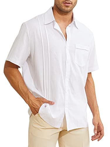 CheChury Herren Baumwolle Leinenhemd Herren Hemd Kurzarm Sommerhemd Regular Fit Freizeithemd Casual mit Taschen Umlegekragen Strandhemd Shirts für Männer von CheChury