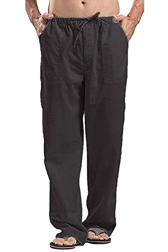 CheChury Herren Freizeithose Baumwolle Jogginghose Männer Atmungsaktiv Trainingshose Casual Sporthose Basics Sweathose High Waist Fitness Hosen Kordelzug Freizeithose Flachs mit Taschen,Schwarz,M von CheChury