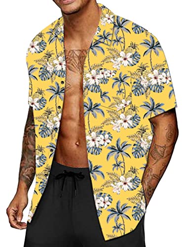 CheChury Herren Hawaiihemd Freizeit Blumenmuster Hemd Kurzarm Urlaub Bedrucktes Herren Blumenhemd Hawaii Hemd Fronttasche Kurzarmhemd Hawaii-Print Kurzarm Sommer Strand Freizeithemden Beach,Gelb,L von CheChury