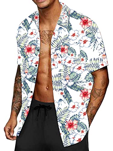 CheChury Herren Hawaiihemd Freizeit Blumenmuster Hemd Kurzarm Urlaub Bedrucktes Herren Blumenhemd Hawaii Hemd Fronttasche Kurzarmhemd Hawaii-Print Kurzarm Sommer Strand Freizeithemden Beach,Rosa,XL von CheChury