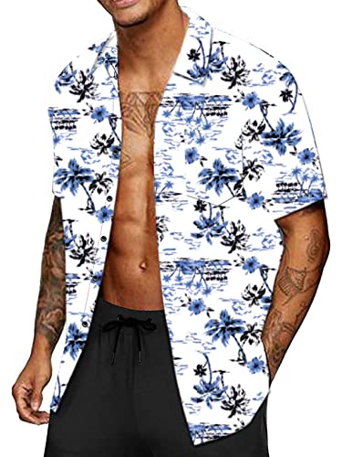 CheChury Herren Hawaiihemd Freizeit Blumenmuster Hemd Kurzarm Urlaub Bedrucktes Herren Blumenhemd Hawaii Hemd Fronttasche Kurzarmhemd Hawaii-Print Kurzarm Sommer Strand Freizeithemden Beach,Weiß,L von CheChury