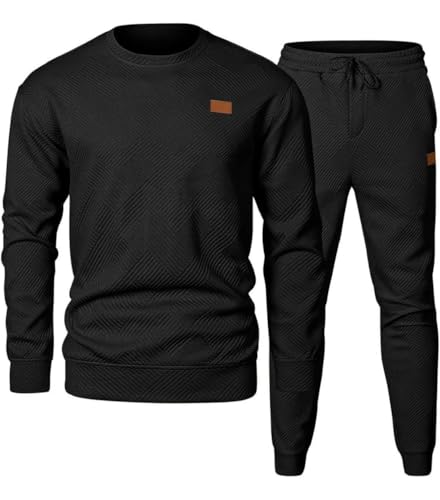 CheChury Herren Jogginganzug Trainingsanzug Herren Winter Sportanzug Gym Warm Tracksuit Atmungsaktiv Hausanzug Freizeitanzug Zweiteiler Outfit Sweatshirt Rundhals und Jogginghose mit Taschen,Schwarz,L von CheChury