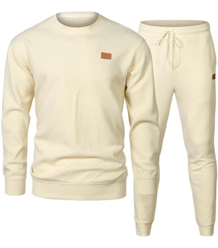 CheChury Herren Jogginganzug Trainingsanzug Herren Winter Sportanzug Gym Warm Tracksuit Atmungsaktiv Hausanzug Freizeitanzug Zweiteiler Outfit Sweatshirt Rundhals und Jogginghose mit Taschen,Beige,M von CheChury