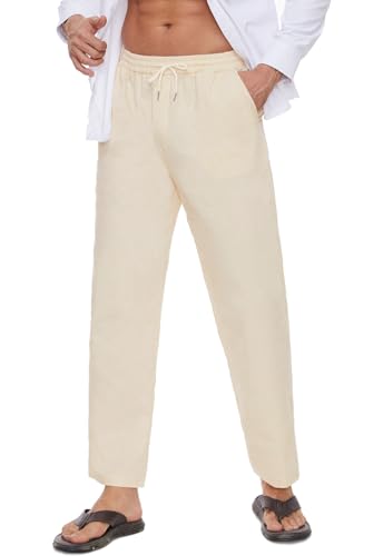 CheChury Herren Leinenhose Lang Leicht Sommerhose Loose Fit Freizeithose Baumwolle Leinenhosen Casual Leinen Yoga Hosen Männer Strandhosen mit Kordelzug Taschen für Urlaub Strand Alltag,Beige,S von CheChury