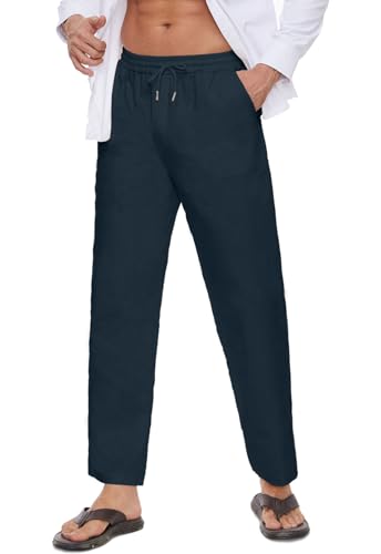 CheChury Herren Leinenhose Lang Leicht Sommerhose Loose Fit Freizeithose Baumwolle Leinenhosen Casual Leinen Yoga Hosen Männer Strandhosen mit Kordelzug Taschen für Urlaub Strand Alltag,Blau,L von CheChury