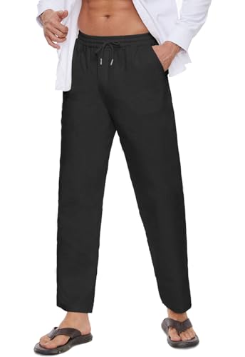 CheChury Herren Leinenhose Lang Leicht Sommerhose Loose Fit Freizeithose Baumwolle Leinenhosen Casual Leinen Yoga Hosen Männer Strandhosen mit Kordelzug Taschen für Urlaub Strand Alltag,Schwarz,M von CheChury