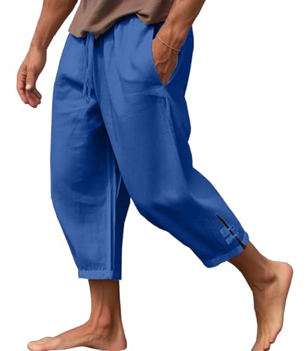 CheChury Herren Leinenhose Lang Sommer Lässige Hosen Loose Fit Sommerhose Leicht Freizeithose Strandhose Urlaub Alltag Yoga Hose Haremshose Hippie Lange Hosen Einfarbig mit Kordelzug Taschen,Marine,L von CheChury