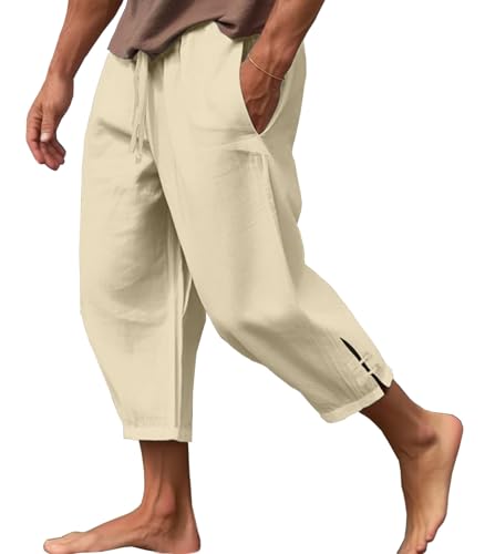 CheChury Herren Leinenhose Lang Sommer Lässige Hosen Loose Fit Sommerhose Leicht Freizeithose Strandhose Urlaub Alltag Yoga Hose Haremshose Hippie Lange Hosen Einfarbig mit Kordelzug Taschen,Khaki,L von CheChury