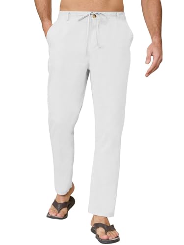 CheChury Herren Leinenhose Sommer Leichte Sommerhose Herren Lose Freizeithose Einfarbig Hose Lang für Männer Lässige Hosen Herren Strandhose Urlaub Alltag Yoga Hose mit Kordelzug Taschen,Weiß,XXL von CheChury