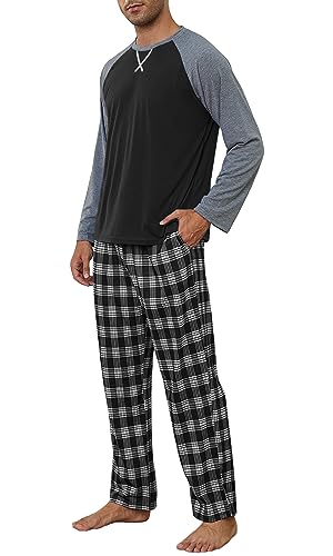 CheChury Herren Schlafanzug Lang Pyjama Rundhals Männer Langarm Oberteil und Karierte Schlafanzughose mit Tasche Sleepwear Hausanzug Superweiche Loungewear Sleepwear Pjs Set Herren Geschenke von CheChury