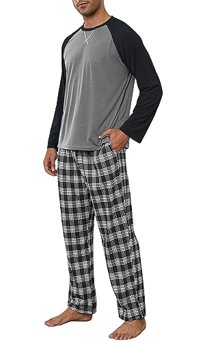 CheChury Herren Schlafanzug Lang Pyjama Rundhals Männer Langarm Oberteil und Karierte Schlafanzughose mit Tasche Sleepwear Hausanzug Superweiche Loungewear Sleepwear Pjs Set Herren Geschenke von CheChury