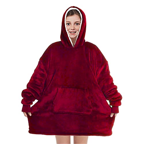 CheChury Hoodie Sweatshirt Kinder Übergroße Kapuzenpullover Unisex Kinder Hoodie Decke Warm Jungen Langarm Sweatshirt Super Weich Bequem Kuscheldecke mit Ärmeln Geschenke Gamer Jugendliche,Weinrot von CheChury