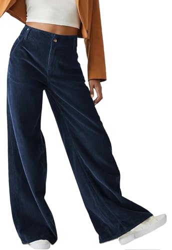 CheChury Hose Damen Cordhose High Waist Weites Bein Hosen Freizeithose Elastisch Hohe Taille Geradem Leicht Hosen Elegant Lockere Bequeme Stoffhose Retrostil Loose Herbst Winter Hose mit Taschen von CheChury