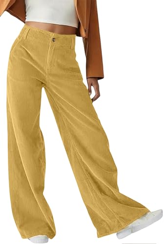 CheChury Hose Damen Cordhose High Waist Weites Bein Hosen Freizeithose Elastisch Hohe Taille Geradem Leicht Hosen Elegant Lockere Bequeme Stoffhose Retrostil Loose Herbst Winter Hose mit Taschen von CheChury