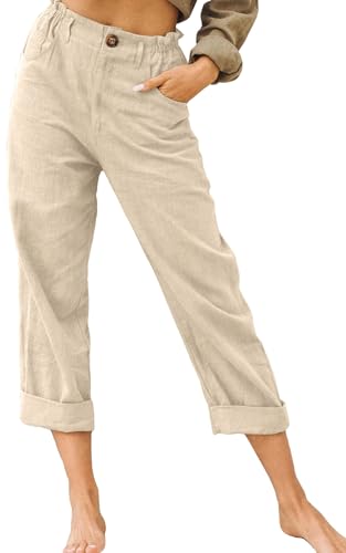 CheChury Hose Damen Leinen Sommerhose Casual Leichte Baumwolle Leinenhose Stoffhose Bequeme Luftige Freizeithose Geschnitten Hose Palazzo Hose Gerades Bein Hosen Strandhose Mit Taschen von CheChury