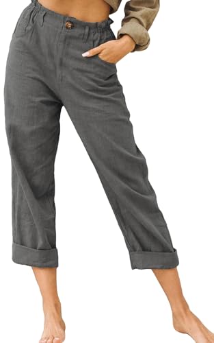 CheChury Hose Damen Leinen Sommerhose Casual Leichte Baumwolle Leinenhose Stoffhose Bequeme Luftige Freizeithose Geschnitten Hose Palazzo Hose Gerades Bein Hosen Strandhose Mit Taschen von CheChury