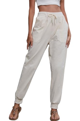 CheChury Hose Damen Sommer Casual Hose Baumwolle Leinen Stoffhose Lang Freizeithose High Waist Hose Sporthose Damenhose Lässige Loose Leinenhose Jogginghose Sweathose Sommerhose mit Taschen,Beige,S von CheChury