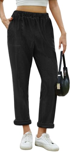 CheChury Hosen Damen Elegant Cordhose Bequeme Hose Casual Freizeithose Elastische Taille Tapered Hose Damen Leicht Hosen Einfarbig Lang Locker Damenhose Herbst Winter Stoffhose,Schwarz,S von CheChury