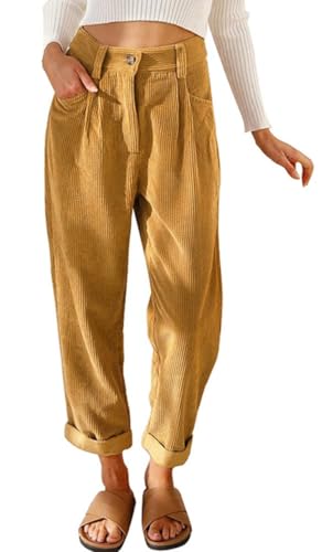 CheChury Hosen Damen Elegant Cordhose Freizeithose Casual Elastische Taille Tapered Hose Gerades Bein Einfarbig Frauen Hosen Lang Locker Damen Hose Weites Bein Herbst Winter Stoffhose,Braun,XL von CheChury