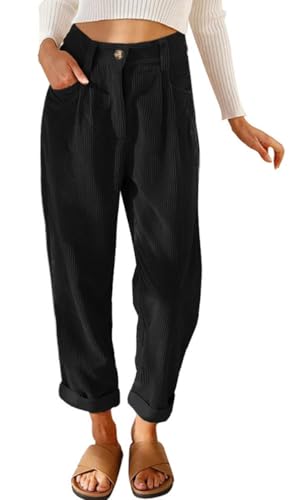 CheChury Hosen Damen Elegant Cordhose Freizeithose Casual Elastische Taille Tapered Hose Gerades Bein Einfarbig Frauen Hosen Lang Locker Damen Hose Weites Bein Herbst Winter Stoffhose,Schwarz,S von CheChury