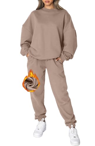 CheChury Jogginganzug Damen Zweiteiler Trainingsanzug Winter Rundhals Hausanzug Zweiteilig Frauen Einfarbig Trainingsanzug Sportanzug Langarm Oberteile und Jogginghose Pullover und Hose Taschen von CheChury