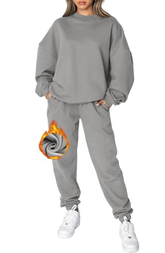 CheChury Jogginganzug Damen Zweiteiler Trainingsanzug Winter Rundhals Hausanzug Zweiteilig Frauen Einfarbig Trainingsanzug Sportanzug Langarm Oberteile und Jogginghose Pullover und Hose Taschen von CheChury
