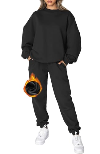 CheChury Jogginganzug Damen Zweiteiler Trainingsanzug Winter Rundhals Hausanzug Zweiteilig Frauen Einfarbig Trainingsanzug Sportanzug Langarm Oberteile und Jogginghose Pullover und Hose Taschen von CheChury