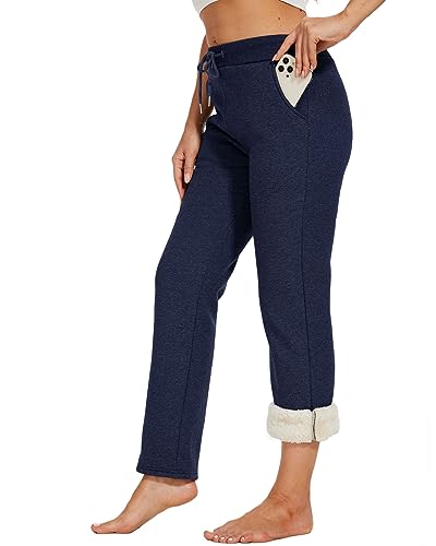 CheChury Jogginghose Damen Warme Gefüttert Hosen Casual Sporthose Basics Sweathose High Waist Trainingshose mit Kordelzug Damen Lang Laufhose Baumwolle Freizeithose Frauen Fleece Hosen,Blau,XXL von CheChury