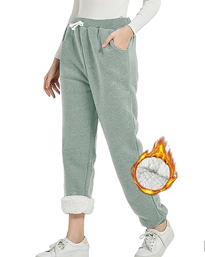 CheChury Jogginghose Damen Warme Gefütterte Hosen Casual Sporthose Thermo Fleece Trainingshose Winter Verdickte Laufhose Baumwolle Damen Lang Freizeithosen mit Kordelzug Sweathose mit 2 Taschen,Grün,L von CheChury