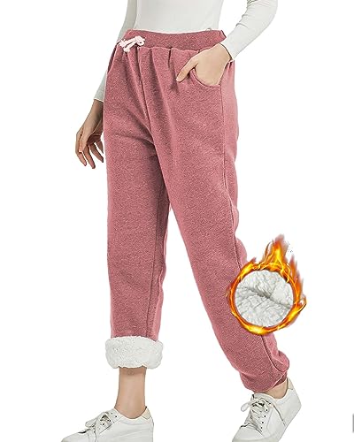 CheChury Jogginghose Damen Warme Gefütterte Hosen Casual Sporthose Thermo Fleece Trainingshose Winter Verdickte Laufhose Baumwolle Damen Lang Freizeithosen mit Kordelzug Sweathose mit Taschen,Rot,XXL von CheChury