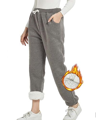 CheChury Jogginghose Damen Warme Gefütterte Hosen Casual Sporthose Thermo Fleece Trainingshose Winter Verdickte Laufhose Baumwolle Damen Lang Freizeithosen mit Kordelzug Sweathose mit Taschen,Grau,XXL von CheChury