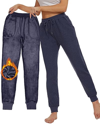 CheChury Jogginghose Damen Warme Trainingshose Baumwolle Frauen Winter Sporthose Thermo Fleece Laufhosen High Waist Sweathose Warme Freizeithose Jogging Hose mit 2 Taschen Fleece Hosen Casual,Blau,L von CheChury