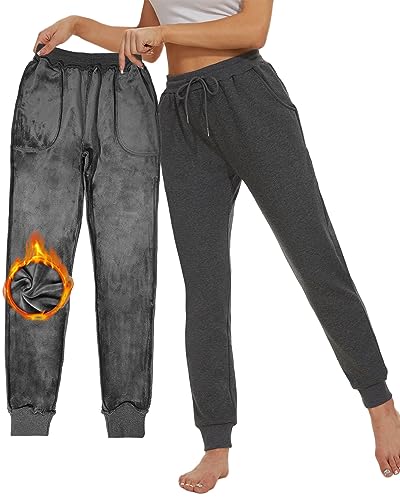 CheChury Jogginghose Damen Warme Trainingshose Baumwolle Frauen Winter Sporthose Thermo Fleece Laufhosen High Waist Sweathose Warme Freizeithose Jogging Hose mit 2 Taschen Fleece Hosen Casual,Grau,XL von CheChury