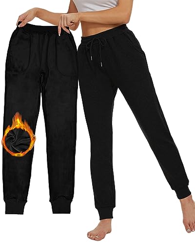 CheChury Jogginghose Damen Warme Trainingshose Baumwolle Frauen Winter Sporthose Thermo Fleece Laufhosen High Waist Sweathose Warme Freizeithose Jogging Hose mit Taschen Fleece Hosen Casual,Schwarz,L von CheChury