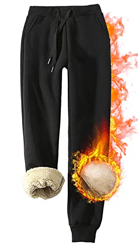 CheChury Jogginghose Damen Winter Warm Thermohose Sherpa Innenfutter Sweathose Gefüttert Sport Hosen Fleece Freizeithose Mit Große Taschen Tunnelzug Thermo Sweatpants Haushose Jogger Hose,Schwarz,XL von CheChury