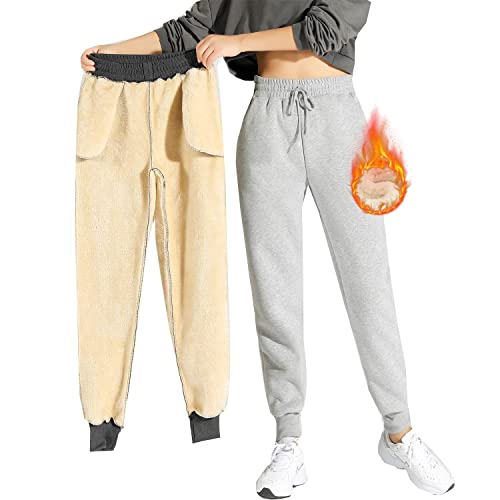 CheChury Jogginghose Damen Winter Warm Thermohose Sherpa Innenfutter Sweathose Gefüttert Sport Hosen Fleece Freizeithose Mit Große Taschen Tunnelzug Thermo Sweatpants Haushose Jogger Hose,Hellgrau,L von CheChury