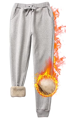 CheChury Jogginghose Damen Winter Warm Thermohose Sherpa Innenfutter Sweathose Gefüttert Sport Hosen Fleece Freizeithose Mit Große Taschen Tunnelzug Thermo Sweatpants Haushose Jogger Hose,Hellgrau,XL von CheChury