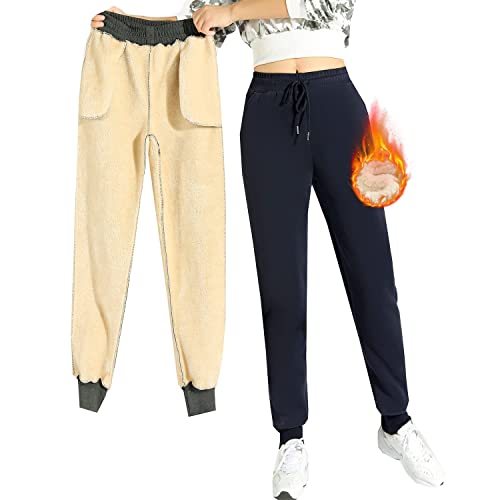 CheChury Jogginghose Damen Winter Warm Thermohose Sherpa Innenfutter Sweathose Gefüttert Sport Hosen Fleece Freizeithose Mit Große Taschen Tunnelzug Thermo Sweatpants Haushose Jogger Hose,Navy Blau,L von CheChury