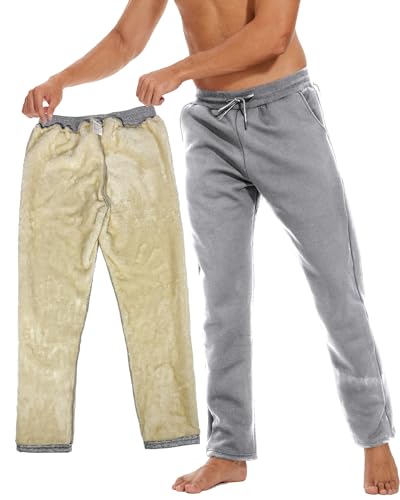 CheChury Jogginghose Herren Fleece Hosen Winter Sweathose High Waist Trainingshose Sherpa Gefüttert Warme Männer Sporthose Baumwolle Slim Freizeithose mit Taschen Kordelzug Casual Hosen,Hellgrau,XXL von CheChury