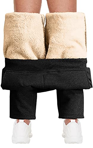 CheChury Jogginghose Herren Winter Fleece Sporthose Herren Lang Baumwolle Freizeithose mit Taschen Trainingshose Sport Hosen Männer Sweatpants Jogger Verstellbarer Gürtel Laufhose Hose,Schwarz,L von CheChury