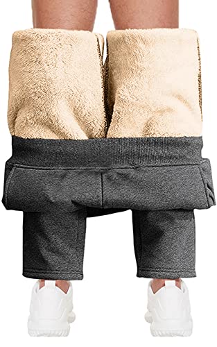 CheChury Jogginghose Herren Winter Fleece Sweathose High Waist Trainingshose Sherpa Gefüttert Warme Männer Sporthose Baumwolle Slim Fit Freizeithose mit Reißverschluss Taschen Relaxing Hose,Grau,XXL von CheChury